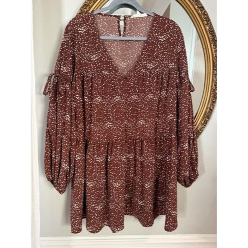 Vine & Love Brown White Polka Dot V-Neck Balloon Sleeve Tie Mini Dress M Fall